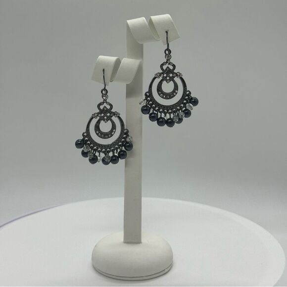 INC Vintage Black and Silver Tone Dangling Chandelier Earnings 2 inch - Picture 4 of 5